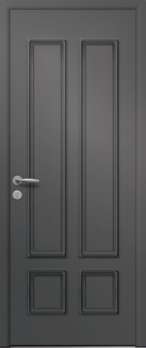 Porte d’entrée traditionnelle en aluminium et moulures embouties ALCOR poignée NEW YORK coloris RAL 7012 finitions mat gamme PASSAGE