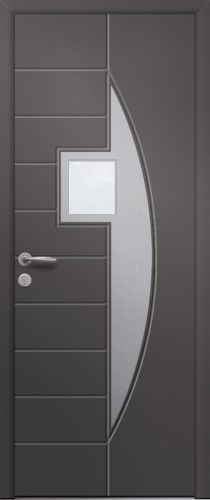 Porte d’entrée vitrée moderne en aluminium ANDROMEDE 1 poignée New York coloris RAL 7022 Finitions mat gamme PASSAGE pièce décorative en aluminium