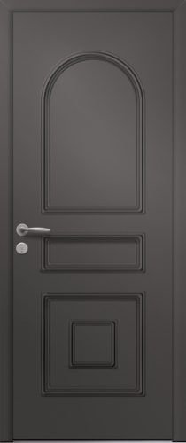 Porte d’entrée traditionnelle en aluminium et moulures embouties ANTARES poignée NEW YORK coloris RAL 7022 finitions mat gamme PASSAGE