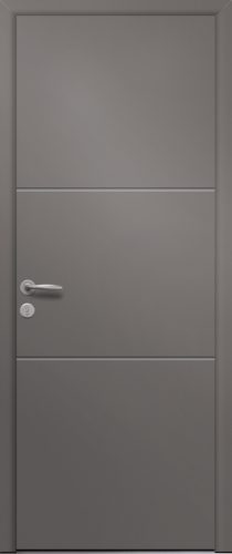 Porte d’entrée moderne en aluminium AUBERGINE poignée New York coloris RAL gris 7039 Finitions granité gamme PASSAGE