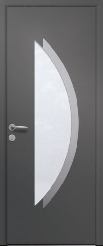 Porte d’entrée vitrée moderne en aluminium BELIZE 1 poignée New York coloris RAL 7012 Finitions mat gamme PASSAGE pièce décorative en aluminium