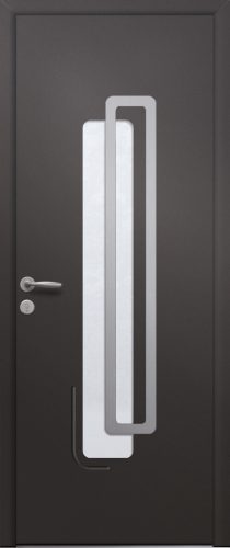 Porte d’entrée vitrée moderne en aluminium BLEUET 1 poignée New York coloris RAL noir 2100 Finitions sablé gamme PASSAGE pièce décorative en aluminium