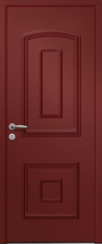 Porte d’entrée traditionnelle en aluminium et moulures embouties CAPELLA poignée NEW YORK coloris RAL 3004 finitions mat gamme PASSAGE