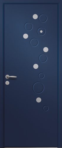 Porte d’entrée moderne en aluminium CAPUCINE poignée New York coloris RAL bleu canon Finitions mat gamme PASSAGE pièces décoratives en aluminium