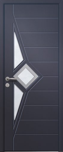 Porte d’entrée vitrée moderne en aluminium CASSIOPEE 3 poignée New York coloris RAL bleu canon Finitions mate gamme PASSAGE pièces décoratives en aluminium