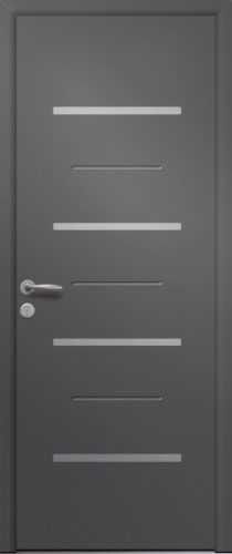 Porte d’entrée moderne DERCETO en aluminium poignée new york coloris RAL 7012 noir Finitions mat gamme PASSAGE pièces décoratives en aluminium