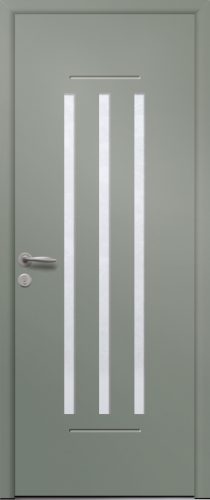 Porte d’entrée vitrée moderne en aluminium EBENE 3 poignée New York coloris RAL 7033 Finitions mat gamme PASSAGE