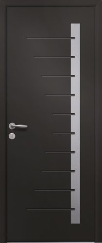 Porte d’entrée moderne en aluminium EDELWEISS poignée New York coloris RAL 9005 Finitions mat gamme PASSAGE pièce décorative en aluminium