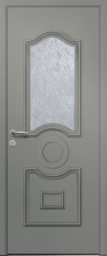 Porte d’entrée vitrée traditionnelle en aluminium et moulures embouties ELECTRA 1L poignée NEW YORK coloris RAL 7023 finitions mat gamme PASSAGE