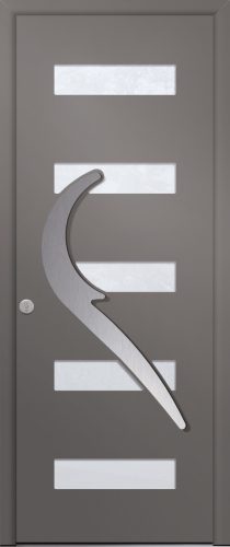 Porte d’entrée vitrée moderne en aluminium EROS 5 poignée barre de tirage design en inox coloris RAL 7039 Finitions granité gamme PASSAGE