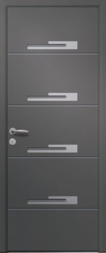 Porte d’entrée moderne EURYALE en aluminium poignée new york coloris RAL 7012 noir Finitions mat gamme PASSAGE pièces décoratives en aluminium