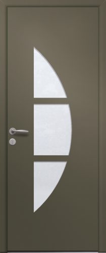 Porte d’entrée vitrée moderne en aluminium GARANCE 3 poignée New York coloris RAL 7034 Finitions granité gamme PASSAGE