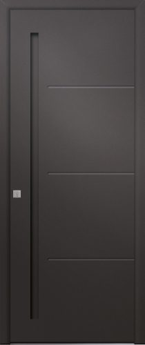 Porte d’entrée moderne en aluminium GRAPHITE B poignée design en saillie laquée à la couleur de l'ouvrant coloris RAL noir 2100 Finitions sablé gamme PASSAGE