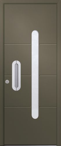 Porte d’entrée moderne vitrée en aluminium Jaspe 1 poignée design intégrée en inox coloris RAL 7034 Finitions granité gamme PASSAGE