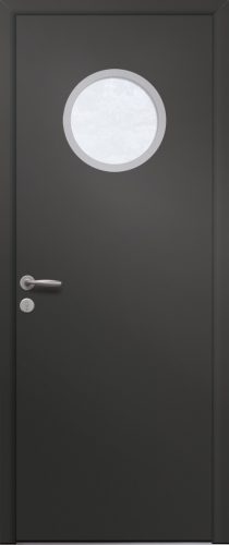 Porte d’entrée vitrée moderne vitrée MINAS 1 en aluminium poignée NEW YORK coloris RAL 7016 finitions granité gamme PASSAGE