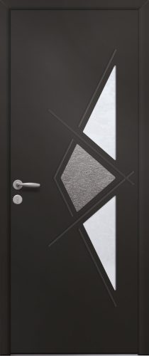 Porte d’entrée vitrée moderne en aluminium NARCISSE 2 poignée New York coloris RAL 9005 Finitions granité gamme PASSAGE pièce décorative affleurante en pierre naturelle