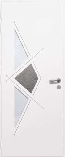 Porte d'entrée vitrée en aluminium NARCISSE 2 intérieur laqué blanc poignée NEW YORK et pièce décorative affleurante en pierre naturelle