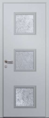 Porte d’entrée vitrée traditionnelle en aluminium NEWTON 3 avec moulures rapportées et poignée NEW YORK coloris RAL 7035 finitions mat gamme PASSAGE