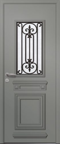 Porte d’entrée vitrée traditionnelle en aluminium NOBEL 1 avec moulures rapportées et sa grille décorative VOLUTE poignée VERONA coloris RAL 7023 finitions granité gamme PASSAGE