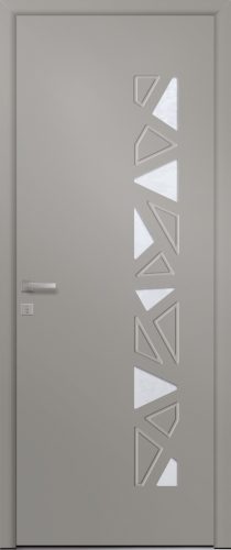 Porte d’entrée vitrée moderne PYRITE 6 en aluminium poignée DALLAS coloris RAL 7030 Finitions mat gamme PASSAGE