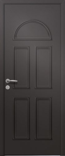 Porte d’entrée traditionnelle en aluminium et moulures embouties SIRIUS PLEIN poignée NEW YORK coloris noir 2100 sablé finitions granité gamme PASSAGE