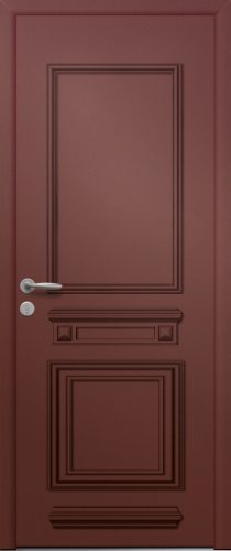 Porte d’entrée traditionnelle en aluminium et moulures rapportées SPENCER poignée VERONA coloris RAL 3004 finitions mat gamme PASSAGE