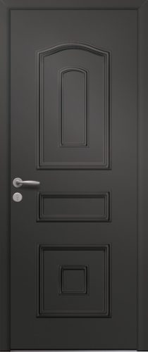Porte d’entrée traditionnelle en aluminium et moulures embouties VEGA poignée NEW YORK coloris RAL 7016 finitions mat gamme PASSAGE
