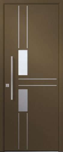 Porte d’entrée vitrée moderne PERLE 1 en aluminium poignée barre de tirage coloris RAL bronze 2525 Finitions sablé gamme PASSAGE pièce décorative en aluminium et joncs alunox