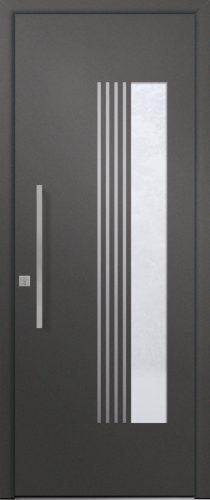 Porte d’entrée vitrée moderne PERSAN 1 en aluminium poignée barre de tirage coloris RAL Gris 2900 Finitions sablé gamme PASSAGE et joncs alunox