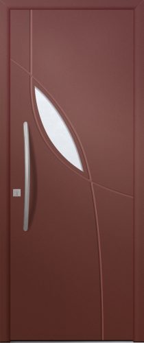 Porte d’entrée vitrée moderne TURQUIN 1 en aluminium poignée barre de tirage coloris RAL rouge 2100 Finitions sablé gamme PASSAGE