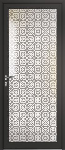 Porte d’entrée grand vitrage moderne GRILLE impression blanche en aluminium poignée NEW YORK coloris RAL 7016 noir Finitions mat gamme PASSAGE