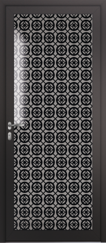 Porte d’entrée grand vitrage moderne GRILLE impression noire en aluminium poignée NEW YORK coloris RAL 7016 noir Finitions mat gamme PASSAGE
