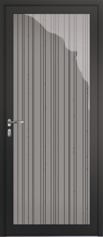 Porte d’entrée grand vitrage moderne LARMES filets de résine noirs en aluminium poignée NEW YORK coloris RAL 7016 noir Finitions mat gamme PASSAGE