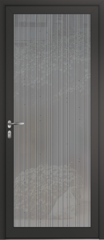 Porte d’entrée grand vitrage moderne LARMES filets de résine transparents en aluminium poignée NEW YORK coloris RAL 7016 noir Finitions mat gamme PASSAGE