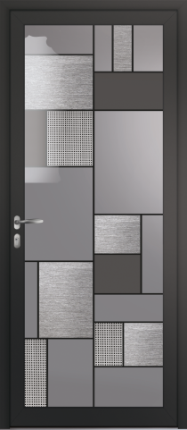 Porte d’entrée grand vitrage moderne PARTITION "matière grise" en aluminium poignée NEW YORK coloris RAL 7016 noir Finitions mat gamme PASSAGE