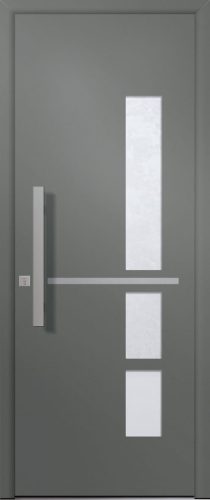 Porte d’entrée vitrée moderne BITUME 3 en aluminium poignée bâton de tirage verticale en inox brossé et joncs alunox coloris RAL 2400 gris finitions sablé gamme PASSAGE