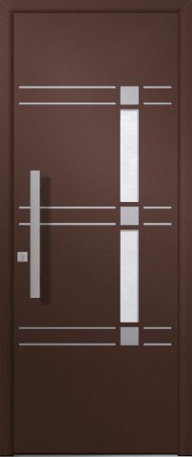 Porte d’entrée vitrée moderne CELESTE 2 en aluminium poignée bâton de tirage verticale en inox brossé et joncs alunox coloris RAL 2525 mars finitions sablé gamme PASSAGE