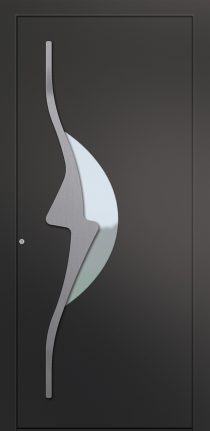 Porte d’entrée vitrée moderne ASPIRATION AS-V1 en aluminium poignée barre de tirage verticale et joncs alunox coloris RAL 2400 gris Finitions sablé gamme CARPE DIEM