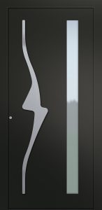 Porte d’entrée vitrée moderne ASPIRATION ASV2 en aluminium poignée barre de tirage design verticale inox coloris RAL 7021 noir finitions granité gamme CARPE DIEM