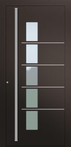 Porte d’entrée vitrée moderne AS-V1 en aluminium poignée barre de tirage horizontale et joncs alunox coloris RAL 2650 brun Finitions sablé gamme CARPE DIEM