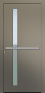 Porte d’entrée moderne vitrée MEDITATION ASV1 en aluminium poignée barre de tirage horizontale en inox brossé coloris RAL 7034 finitions mat gamme CARPE DIEM