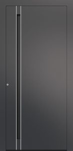 Porte d’entrée moderne MIRAGE ASP2 en aluminium poignée intégrée et joncs alunox coloris RAL 7012 gamme CARPE DIEM