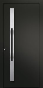 Porte d’entrée moderne SONGE ASP1 en aluminium poignée barre de tirage verticale galbée en inox coloris RAL 2100 noir finitions sablé gamme CARPE DIEM