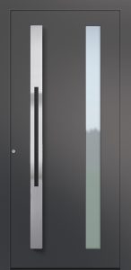 Porte d’entrée vitrée moderne SONGE ASV1 en aluminium poignée barre de tirage verticale galbée en inox coloris RAL 7023 gamme CARPE DIEM