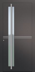 Porte d’entrée vitrée moderne UTOPIE AS-V1 en aluminium poignée barre de tirage verticale et joncs alunox coloris RAL gris 1900 Finitions granité gamme CARPE DIEM