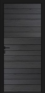 Porte d’entrée moderne DRYADE brûlé en aluminium et bois Accoya poignée DALLAS noire dormant coloris RAL 9005 noir Finitions mat gamme CARPE DIEM