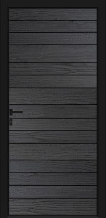 Porte d’entrée moderne DRYADE brûlé en aluminium et bois Accoya poignée DALLAS noire dormant coloris RAL 9005 noir Finitions mat gamme CARPE DIEM