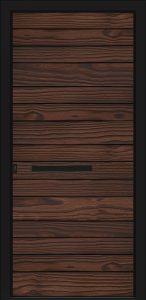 Porte d’entrée moderne DRYADE bruni en aluminium et bois Accoya poignée barre de tirage horizontale noire 400mm dormant coloris RAL 9005 noir Finitions mat gamme CARPE DIEM