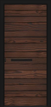 Porte d’entrée moderne DRYADE bruni en aluminium et bois Accoya poignée barre de tirage horizontale noire 400mm dormant coloris RAL 9005 noir Finitions mat gamme CARPE DIEM