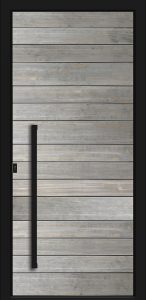 Porte d’entrée moderne DRYADE gris en aluminium et bois Accoya poignée barre de tirage verticale noire 1000mm dormant coloris RAL 9005 noir Finitions mat gamme CARPE DIEM